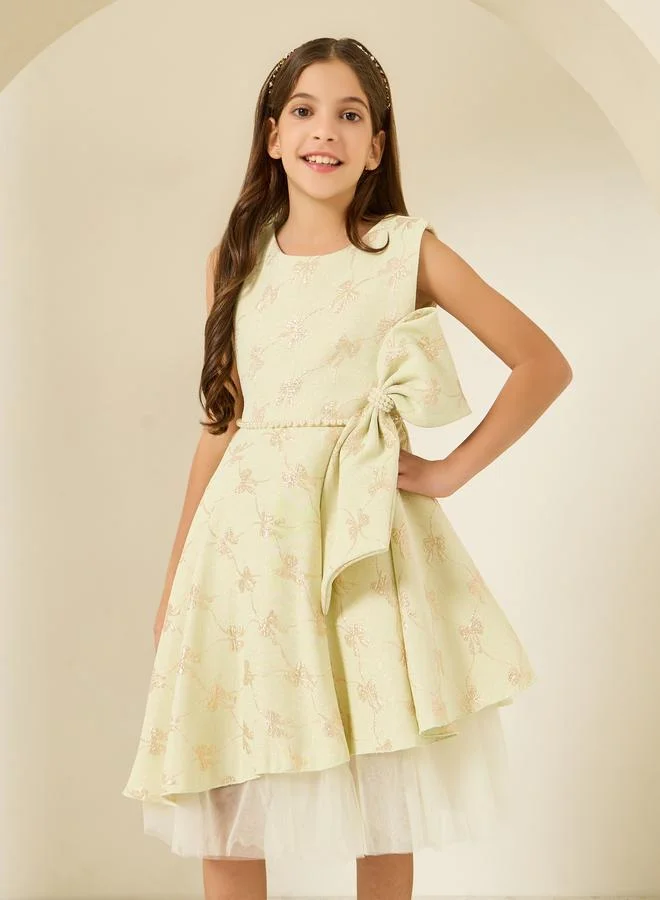 Styli Girls Green Jacquard Sleeveless Dress With Bow Detail